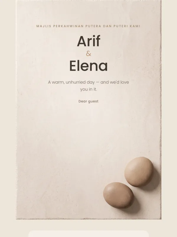 Modern wedding card — the Bento Batu design (Travertin)