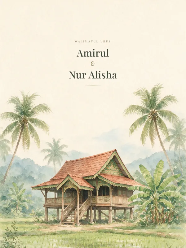 Watercolour wedding card — the Cat Air Kampung design (Rumah kampung)