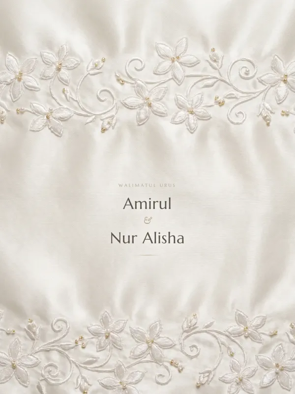 White wedding card — the Sulam Melur design (Putih atas putih)