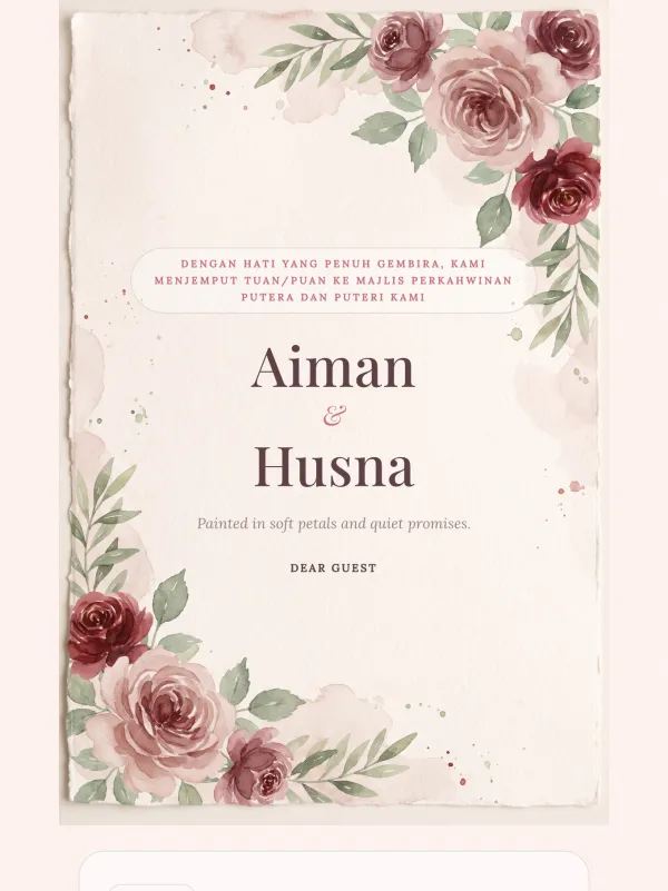 Watercolour wedding card — the Lukisan Mawar design (Bunga)