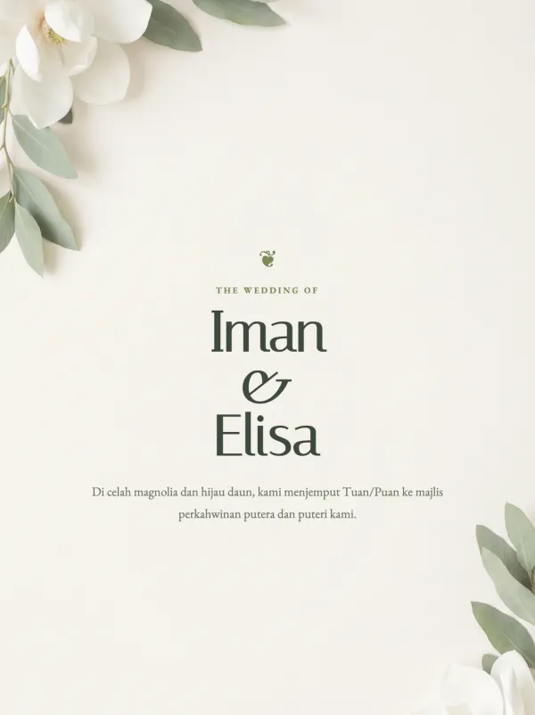 White wedding card — the Magnolia Putih Sage design (Putih & hijau)