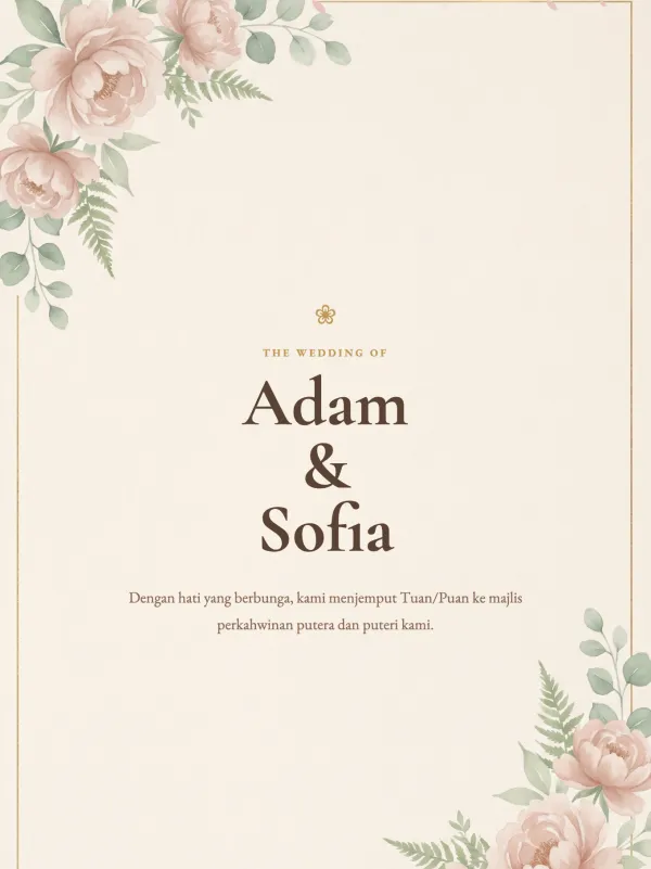Pastel wedding card — the Peoni Blush Emas design (Blush)