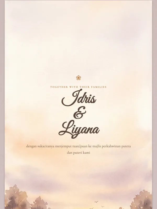Watercolour wedding card — the Senja Air design (Langit senja)