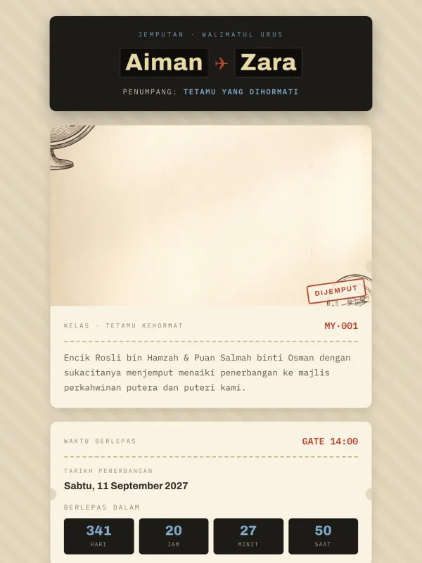 Modern wedding card — the Tiket Perkahwinan design (Boarding pass)