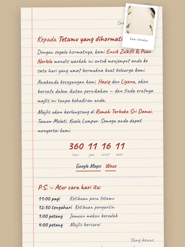 Rustic wedding card — the Warkah Tangan design (Surat tangan)