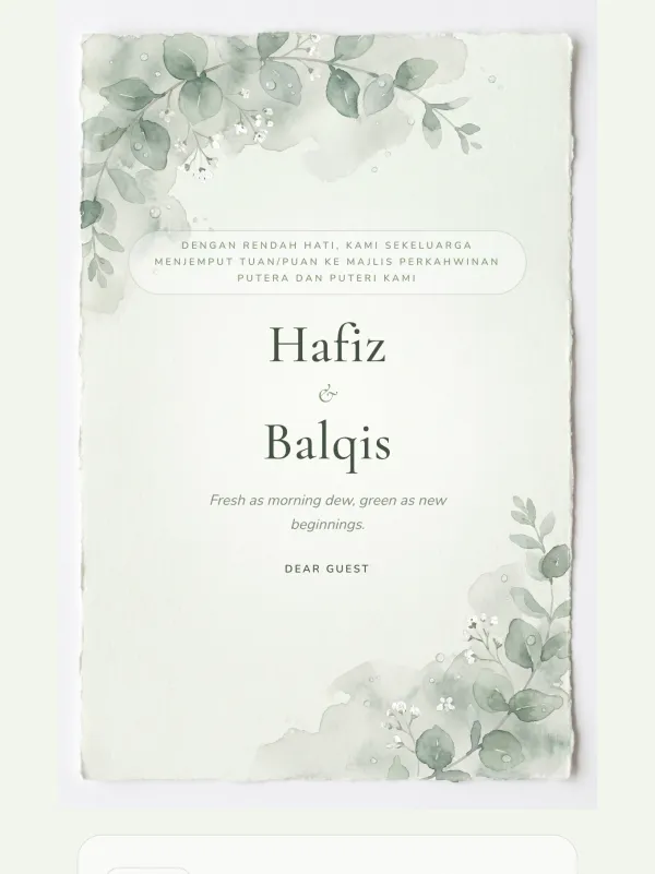 Sage green wedding card — the Warna Embun design (Cat air)