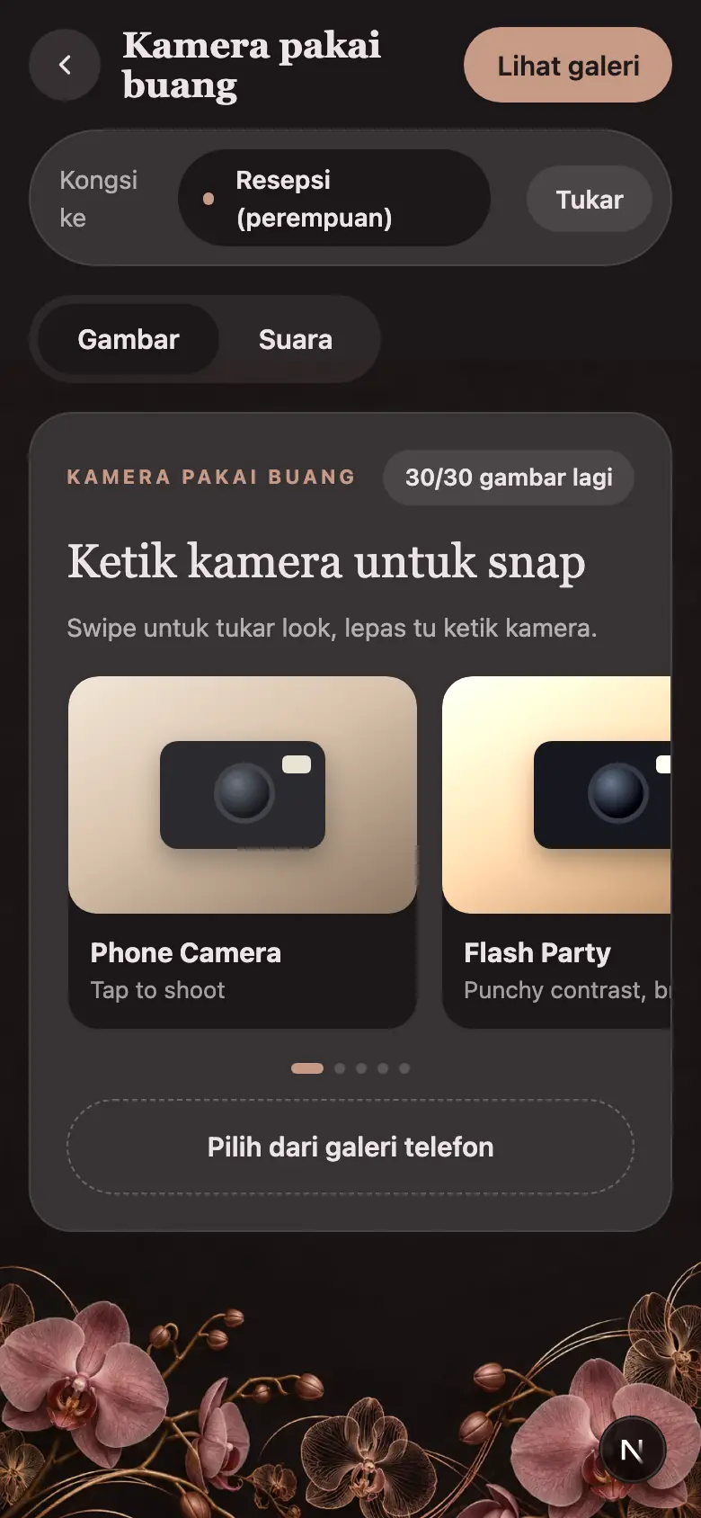 The digital disposable camera on a guest's phone: 30 shots left, film looks to swipe through